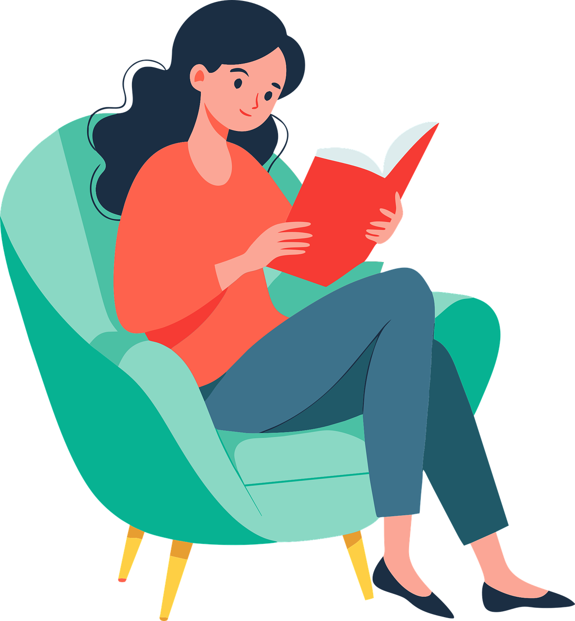 girl sitting on a chair reading a book